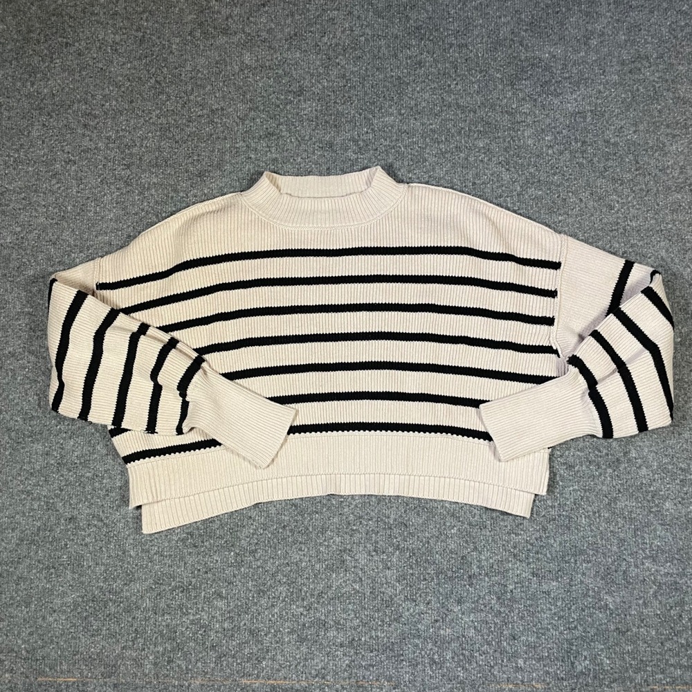 Free People Sweater Size XS Cream Black Striped Ribbed Cropped Boxy Breton